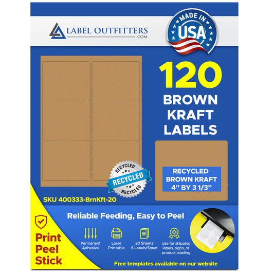 120 Brown Kraft Labels, 4" x 3-1/3" 20 Sheets 6 Labels Per Sheet