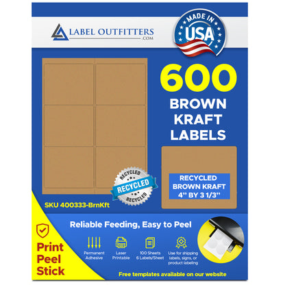 600 Brown Kraft Labels 4" x 3-1/3" 6 Labels per Sheet 100 Sheets