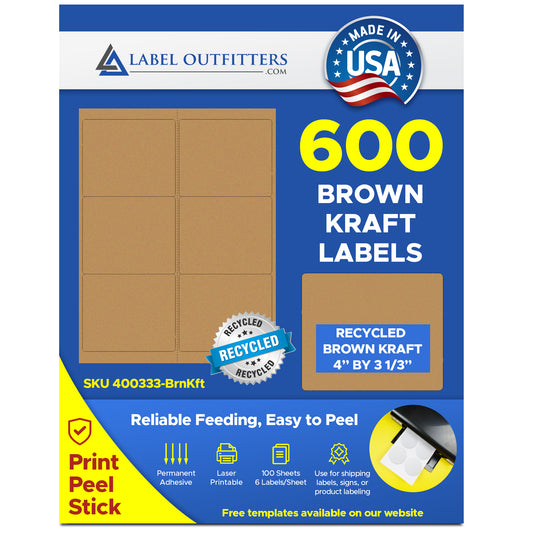 600 Brown Kraft Labels 4" x 3-1/3" 6 Labels per Sheet 100 Sheets
