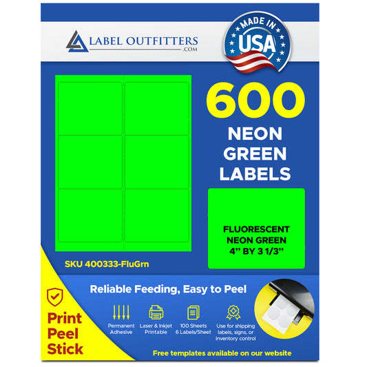 600 Fluorescent Green Shipping Labels, 4" x 3-1/3" 100 Sheets with 6 Labels per Sheet