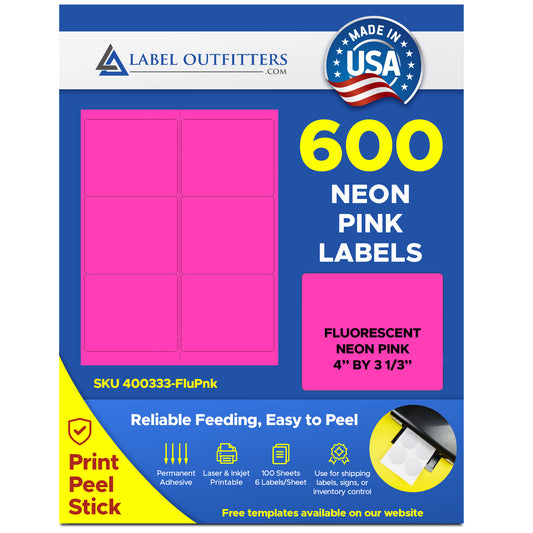600 Label Outfitters® Laser Printer Only Labels, 4 x 3-1/3 Fluorescent Magenta or Pink, 100 Sheets, use Avery® 5164, Compulabel® 312300 Template