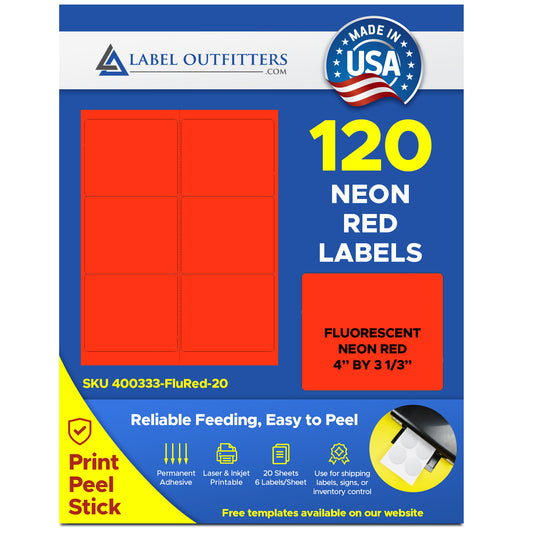 120 Fluorescent Neon Red Labels, 4 x 3-1/3,  20 Sheets use Avery® 5164 Template