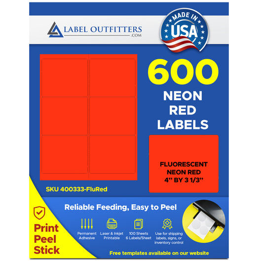 600 Label Outfitters®  Fluorescent Neon Red LASER ONLY 4 x 3.33 Labels, 100 Sheets use Avery® 5164, Compulabel® 312355 Template