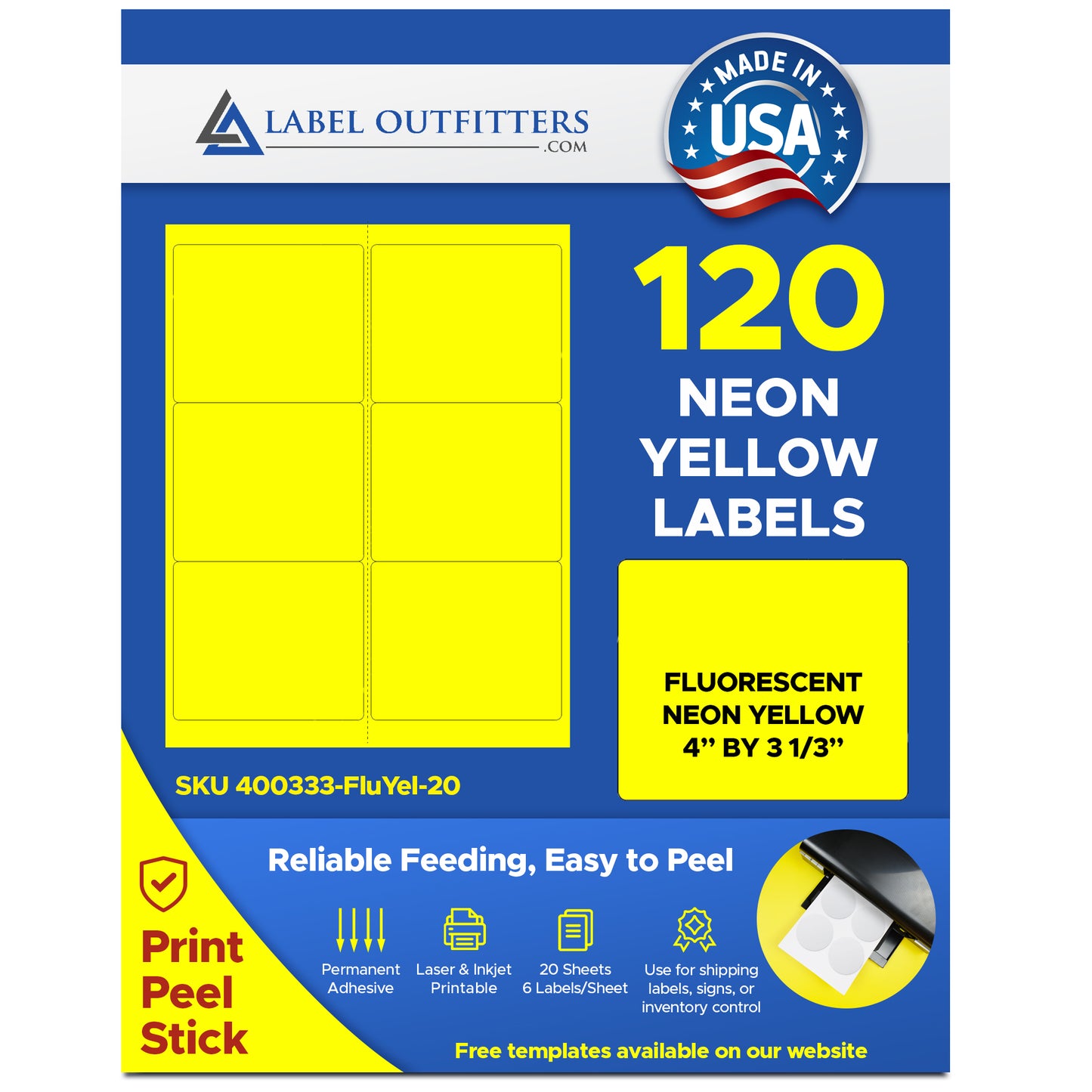120 Fluorescent Neon Yellow Laser Only Labels, 4 x 3-1/3, 20 Sheets with 6 Labels per Sheet, use Compulabel® 312401 Avery® 5164 Template