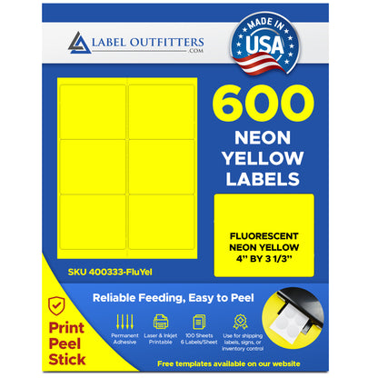 600 Label Outfitters® Fluorescent Neon Yellow Labels, 4 x 3-1/3, 100 Sheets use Avery® 5164, Compulabel® 312401 Template