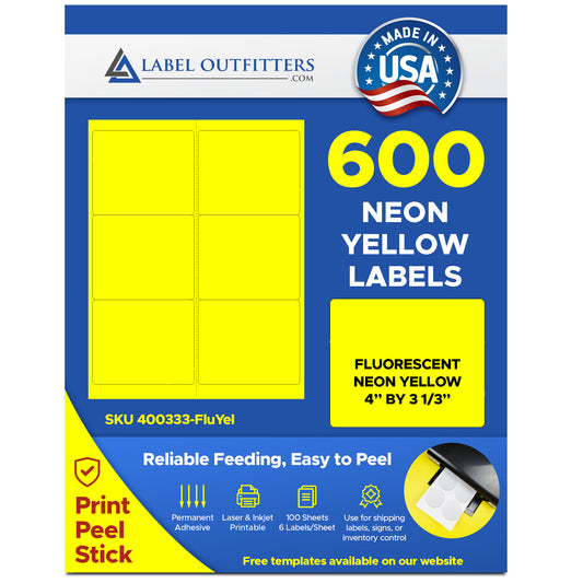600 Label Outfitters® Fluorescent Neon Yellow Labels, 4 x 3-1/3, 100 Sheets use Avery® 5164, Compulabel® 312401 Template
