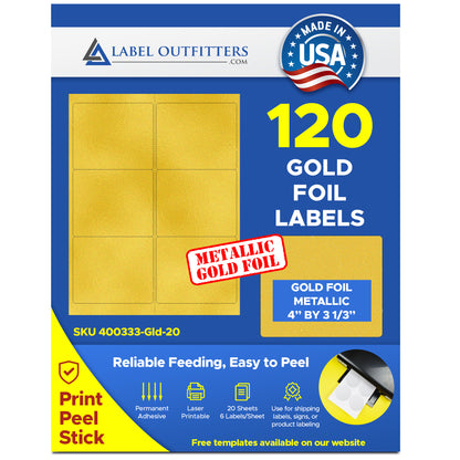 120 Gold Metallic Foil 4" x 3-1/3" Laser Labels, 20 Sheets with 6 Labels per Sheet