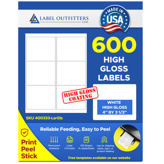 600 White Laser ONLY Glossy Labels 4 x 3-1/3 , 6 per Sheet, use Avery® 5164 template