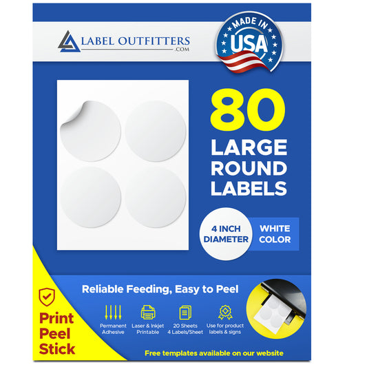 80 Very Large Round White 4 inch Diameter Laser - Inkjet Stickers or Labels, 4 per sheet, 20 Sheets