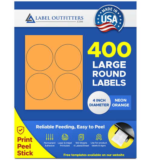 400 Large Round Fluorescent Neon Orange High Visibility 4" Diameter Labels by Label Outfitters® - 4 Labels Per Sheet - 100 Sheets