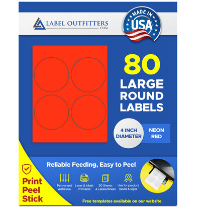80 Large Round Laser Fluorescent Neon Red 4" Diameter Labels by Label Outfitters® - 4 Labels Per Sheet - 20 Sheets