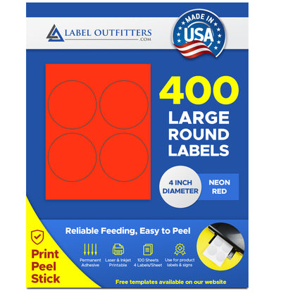 400 Large Round Fluorescent Neon Red High Visibility 4" Diameter Labels by Label Outfitters® - 4 Labels Per Sheet - 100 Sheets