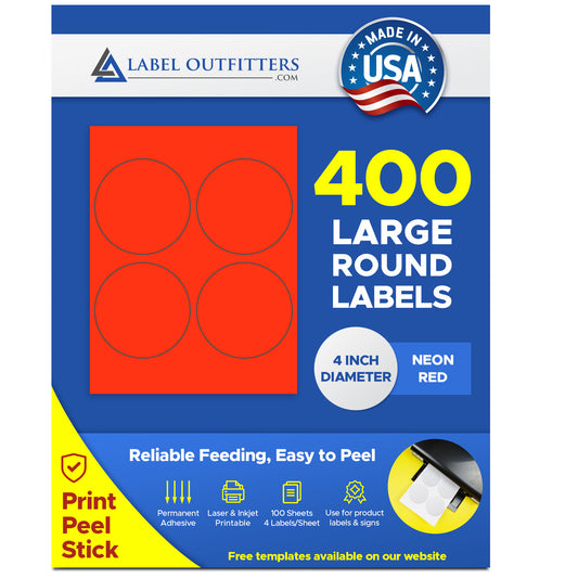 400 Large Round Fluorescent Neon Red High Visibility 4" Diameter Labels by Label Outfitters® - 4 Labels Per Sheet - 100 Sheets