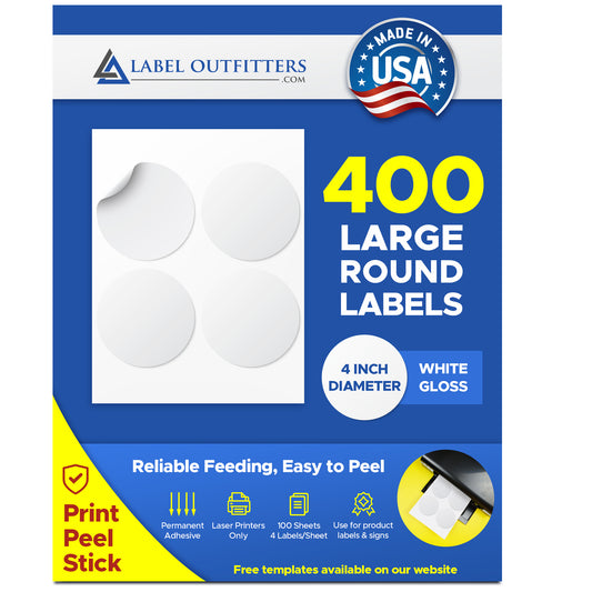 400 Large 4" Round White Laser High Gloss Labels - 4 Labels per Sheet - 100 Sheets