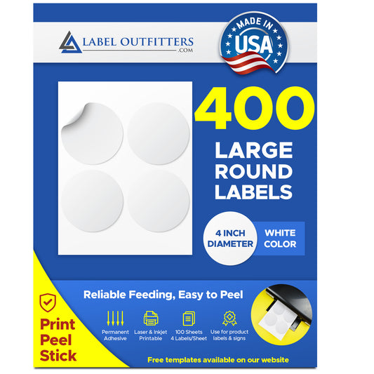 400 Very Large Round White Laser - Inkjet Labels or Stickers, 4 inch Diameter, 4 Labels per Sheet 100 Sheets