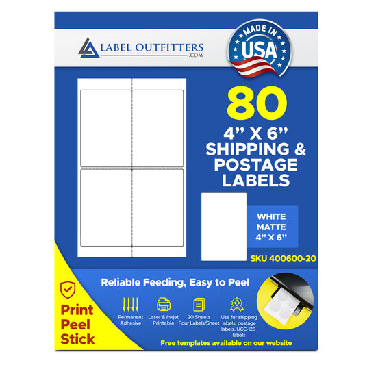 80 Large 4" x 6" Label Outfitters® GS1-128 Semi Gloss Shipping Labels, 4 Labels Per Sheet, 20 Sheets