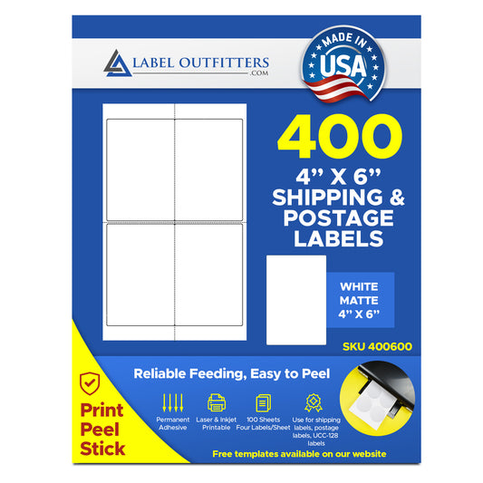 400 Label Outfitters® 4" x 6" GS1-128 Semi Gloss Shipping Labels, 4 Labels Per Sheet, 100 Sheets