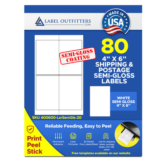 80 Large 4" x 6" Label Outfitters® Laser Semi Gloss GS1-128 Shipping Labels, 4 Label Per Sheet, 20 Sheets