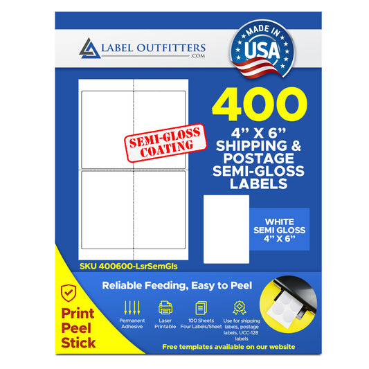 400 Label Outfitters® 4" x 6" GS1-128 Laser Semi Gloss Shipping Labels, 4 Label Per Sheet