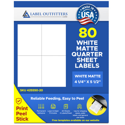 80 White Matte Labels 4-1/4" x 5-1/2" 4 Labels Per Sheet 20 Sheets