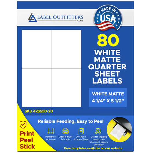 80 White Matte Labels 4-1/4" x 5-1/2" 4 Labels Per Sheet 20 Sheets