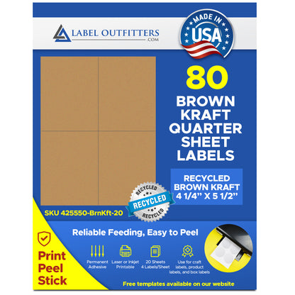 80 Recycled Brown Kraft Labels 4-1/4" x 5-1/2" 20 Sheets 4 Labels Per Sheet