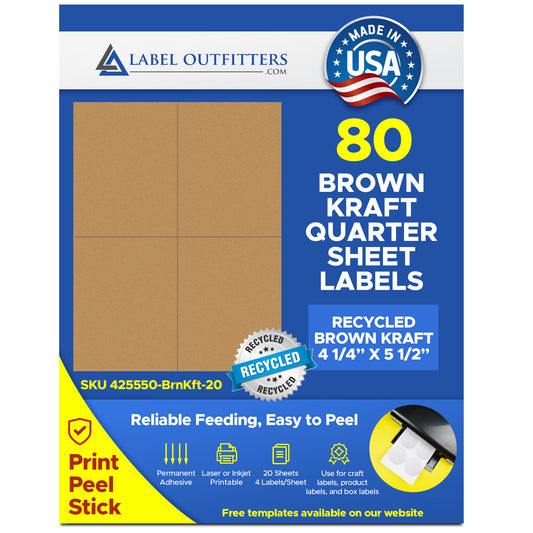 80 Recycled Brown Kraft Labels 4-1/4" x 5-1/2" 20 Sheets 4 Labels Per Sheet