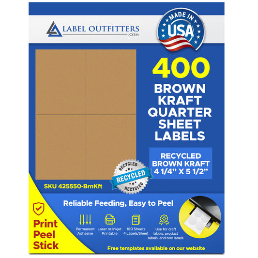 400 Recycled Brown Kraft Labels 4-1/4" x 5-1/2" 4 Labels Per Sheet 100 Sheets