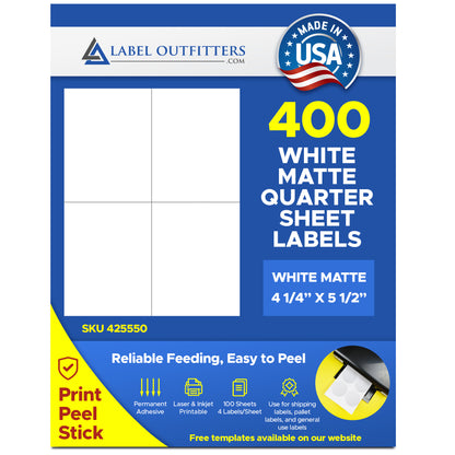 400 White Matte Labels 4-1/4" x 5-1/2" 4 Labels Per Sheet 100 Sheets