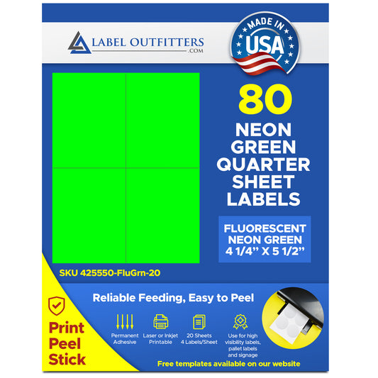 80 Fluorescent Neon Green High Visibility Labels 4.25" x 5.50", 20 Sheets, 4 Labels Per Sheet