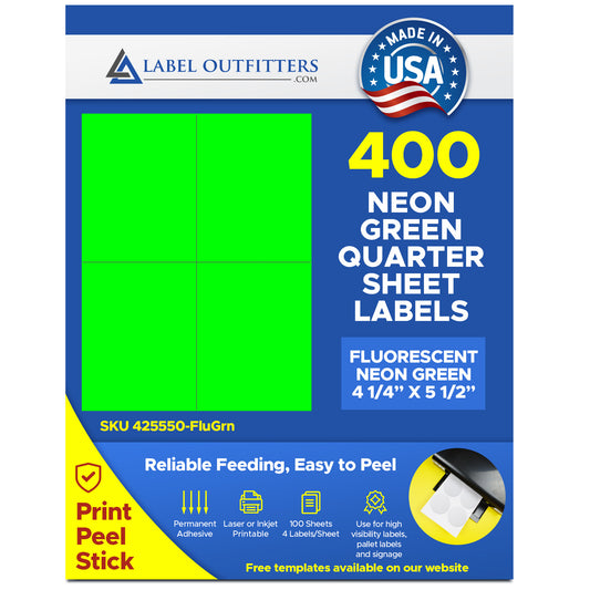 400 Fluorescent Neon Green High Visibility Labels 4-1/4" x 5-1/2" 20 Sheets 4 Labels Per Page