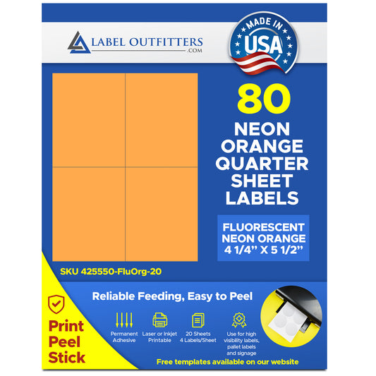 80 Quarter Sheet 4.25 x 5.50 Fluorescent Orange Labels - 20 Sheets Laser Printers Only