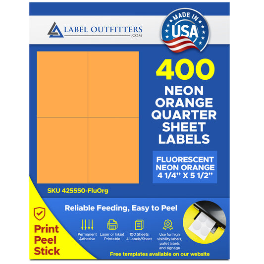 400 Quarter Sheet 4.25 x 5.50 Fluorescent Neon Orange Laser Only Labels - 100 Sheets