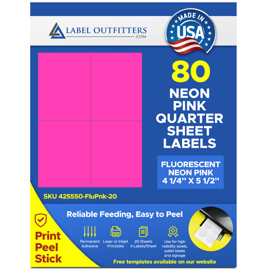 80 Quarter Sheet 4.25 x 5.50 Fluorescent Pink Labels, 20 Sheets Laser Printers Only