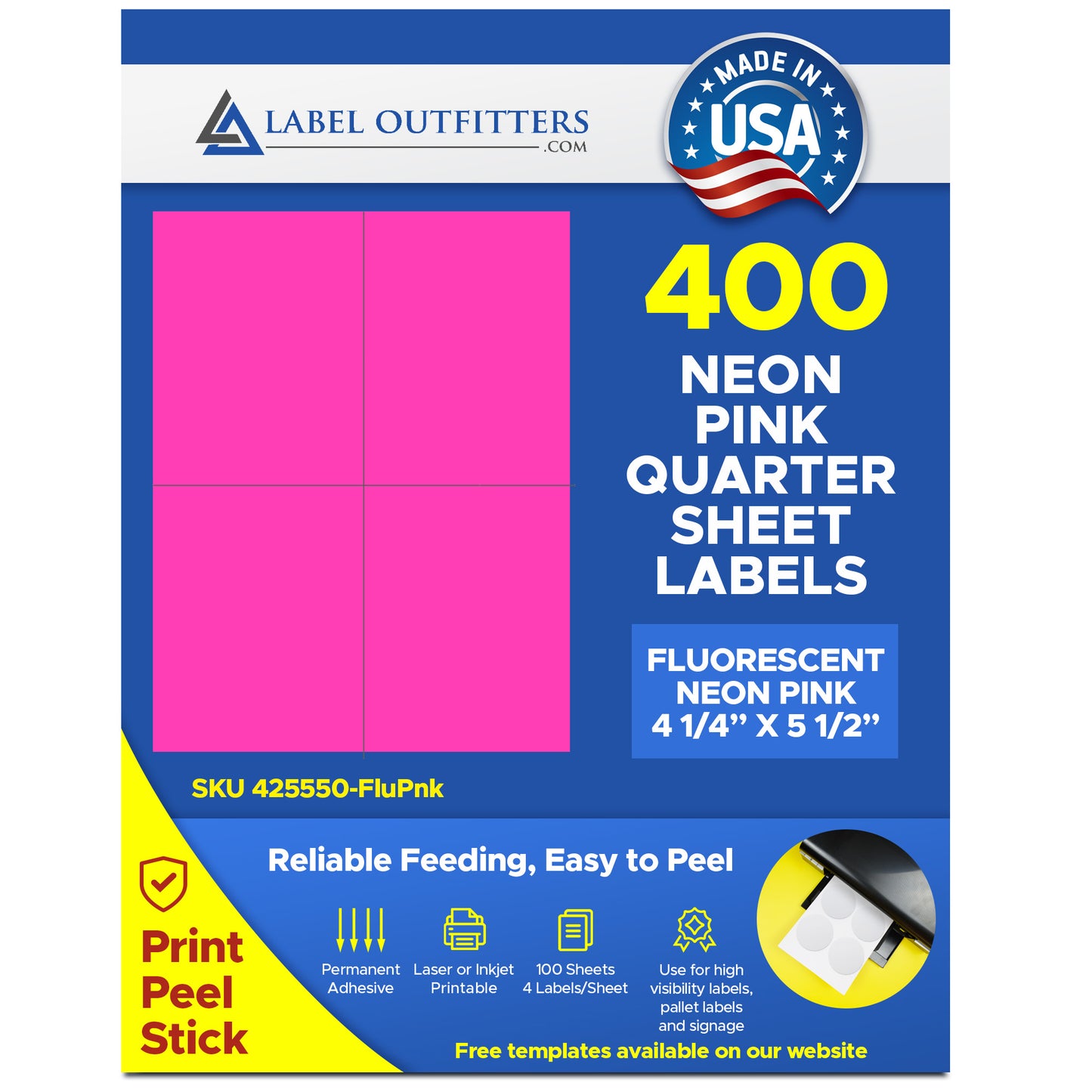 400 - Quarter Sheet 4.25 x 5.50 Fluorescent Pink Labels - 100 Sheets Laser Printers Only