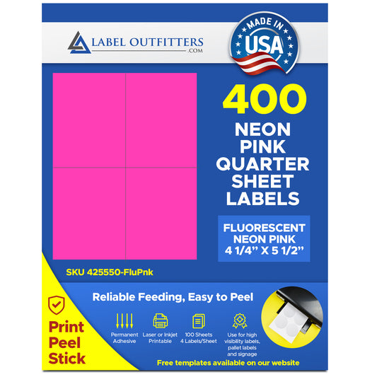 400 - Quarter Sheet 4.25 x 5.50 Fluorescent Pink Labels - 100 Sheets Laser Printers Only