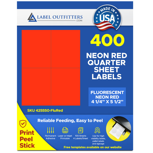 400 Quarter Sheet 4.25 x 5.50 Fluorescent Neon Red Laser ONLY Labels - 100 Sheets