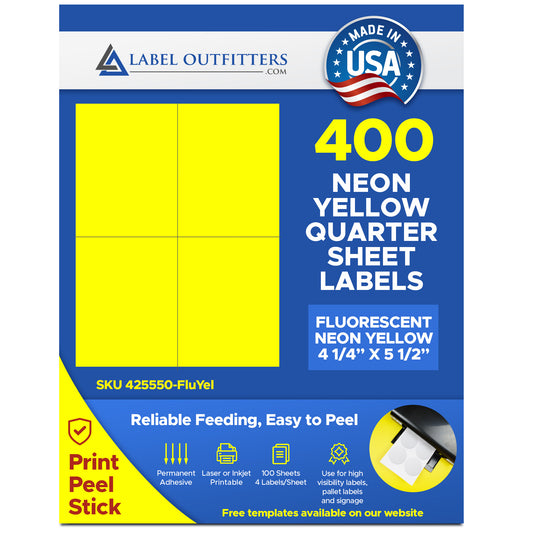 400 Quarter Sheet 4.25 x 5.50 Fluorescent Yellow Labels (100 Sheets) Laser Printers Only