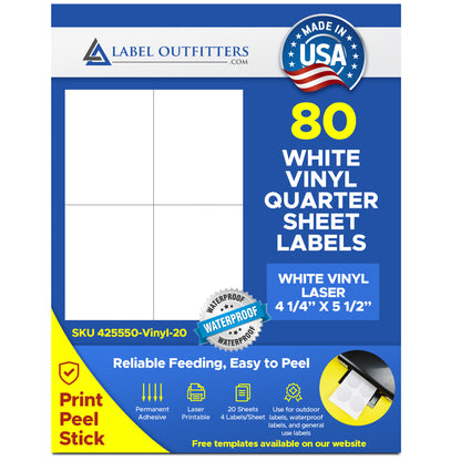 80 Vinyl Waterproof Laser Labels for Outdoor Use, 4-1/4" x 5-1/2", 20 Sheets, 4 Labels per Sheet