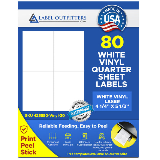 80 Vinyl Waterproof Laser Labels for Outdoor Use, 4-1/4" x 5-1/2", 20 Sheets, 4 Labels per Sheet