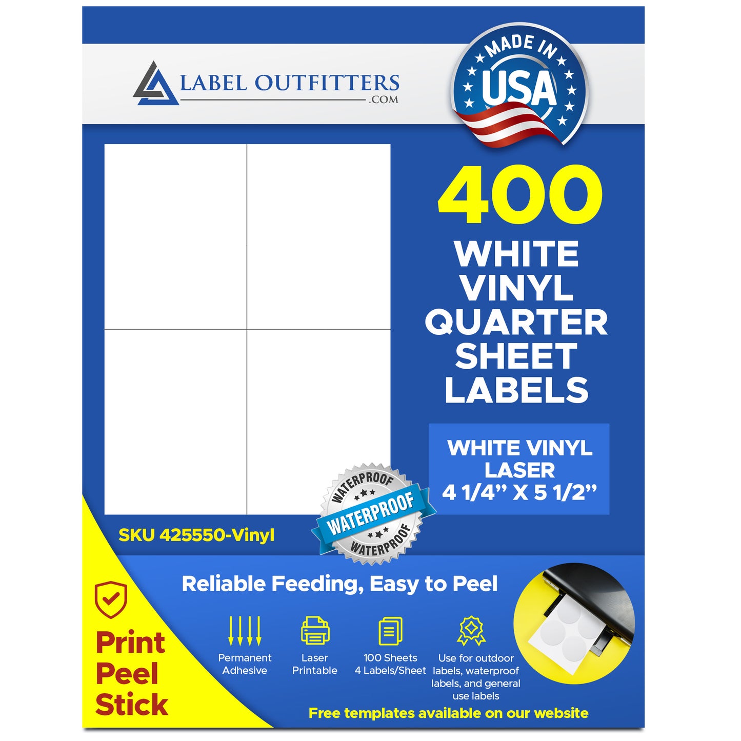 400 Laser ONLY Durable Vinyl White Labels, 4-1/4 x 5-1/2 WaterProof and WeatherProof Quarter Sheet or Quarter Page  100 Sheets