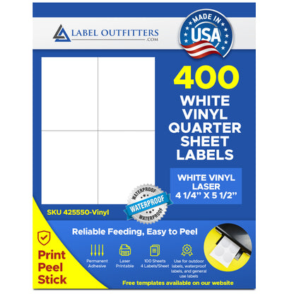 400 Laser ONLY Durable Vinyl White Labels, 4-1/4 x 5-1/2 WaterProof and WeatherProof Quarter Sheet or Quarter Page  100 Sheets