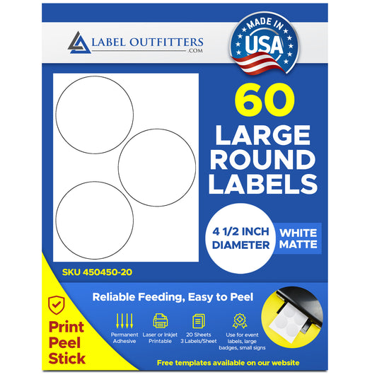 60 White Matte Printable 4.5" Round Labels by Label Outfitters®  20 Sheets 3 Labels Per Sheet