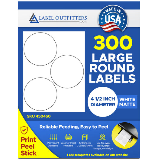 300 White Matte Printable 4.5" Round Labels by Label Outfitters® - 100 Sheets 3 Labels Per Sheet