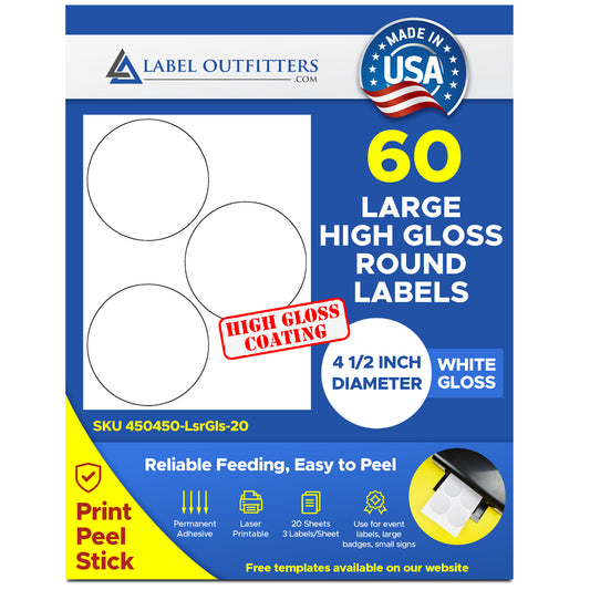 60 High Gloss White 4.5" Diameter Round Labels by Label Outfitters® - 20 Sheets - 60 Labels