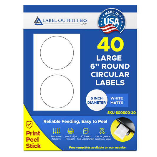 40 Large 6 inch Diameter Round White Matte Labels 20 Sheets 2 Labels per Legal Size Sheet