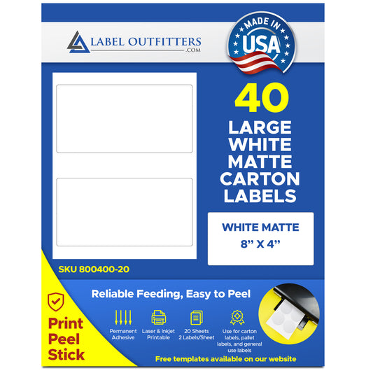 40 Large White Matte Labels 8" x 4" inches 2 Labels Per Sheet 20 Sheets