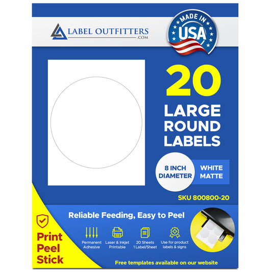 20 Large 8" Round White Matte Labels, 20 Sheets, 1 Label per Sheet