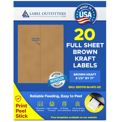 20 Recycled Brown Kraft Full Page 8.5" x 11" Labels One Label Per Page 20 Sheets