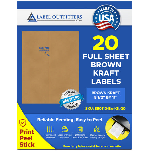 20 Recycled Brown Kraft Full Page 8.5" x 11" Labels One Label Per Page 20 Sheets